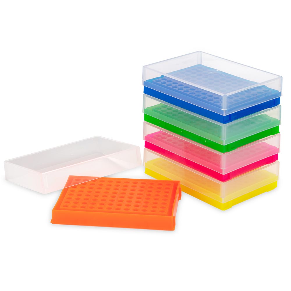 Globe Scientific PCR Work Racks, 96 well for PCR Plates and Strips, Five Fluorescent Colors (Green, Pink, Yellow, Orange, Blue) Racks;;